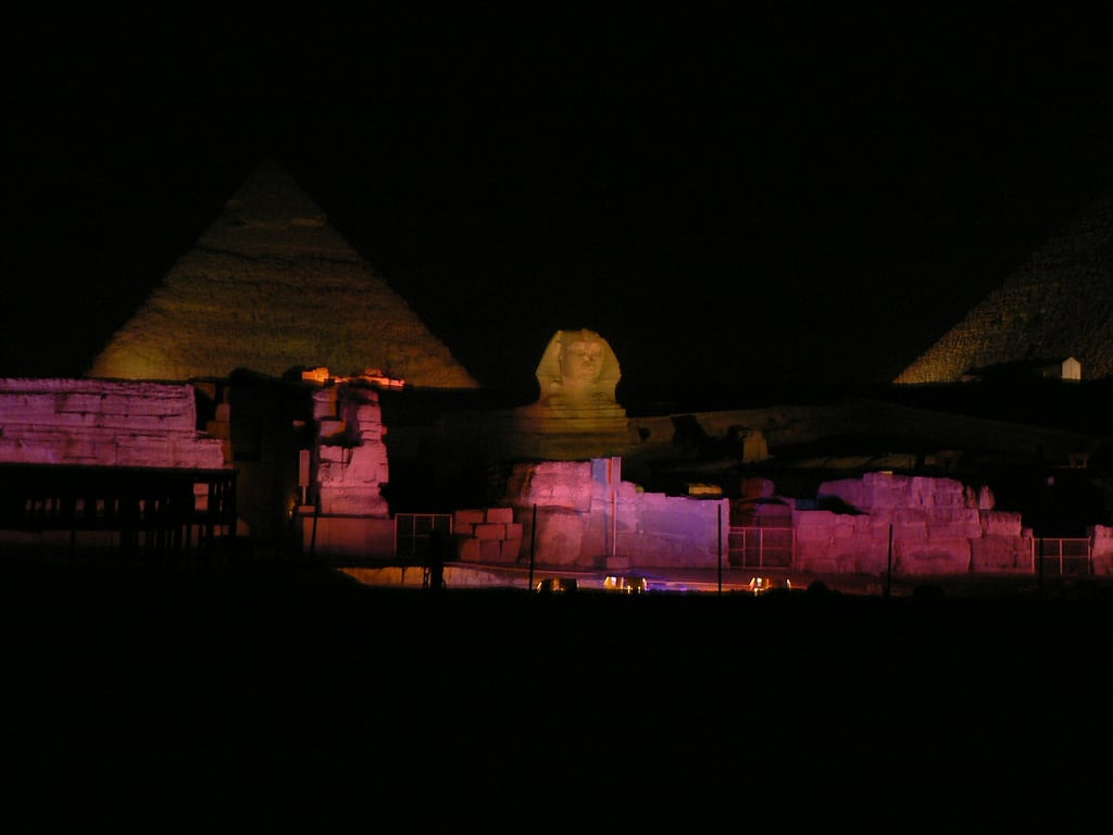 The Pyramids of Giza at night