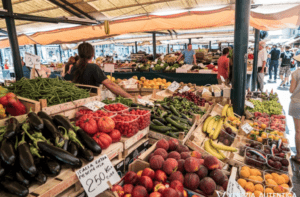 Vibrant fruits and vegetables bombard the Rialto Market in Venice