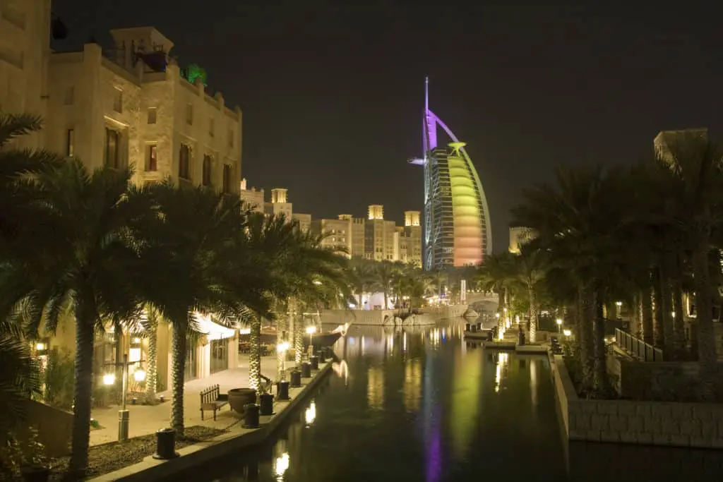 Beautifully lit Burj Al-Arab, Dubai, UAE, the Middle East