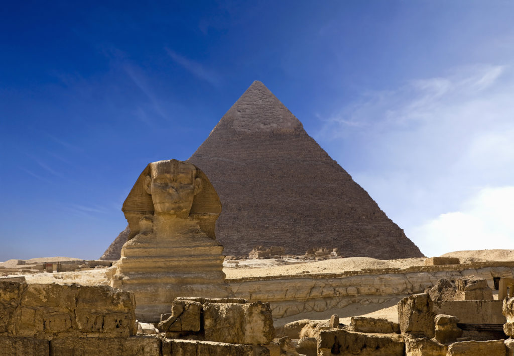 The Sphinx in front of the Giza Pyramids in Egypt