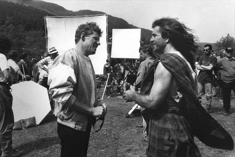 Scott Neeson and Mel Gibson on the set of Braveheart in 1995