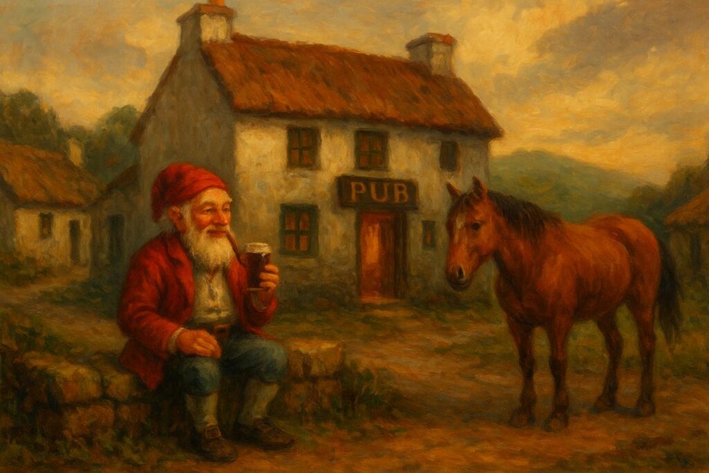 Illustration of a traditional Irish village pub at dusk with a Clurichaun figure holding ale and a horse nearby
