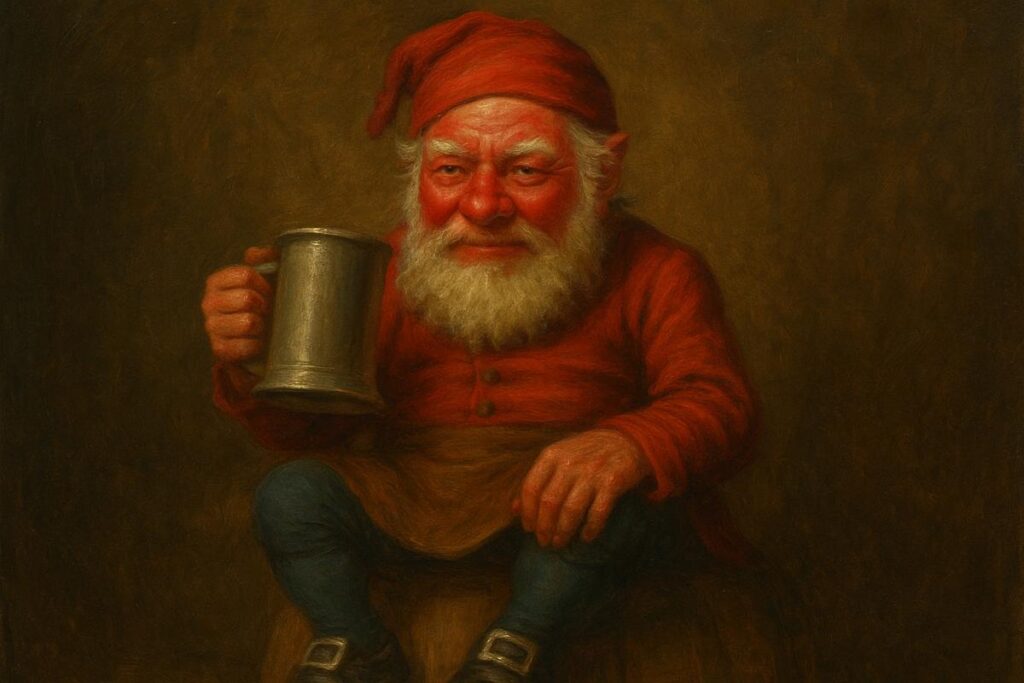 Illustration of a red-faced Clurichaun fairy holding a tankard, dressed in traditional red clothing with blue stockings and buckled shoes