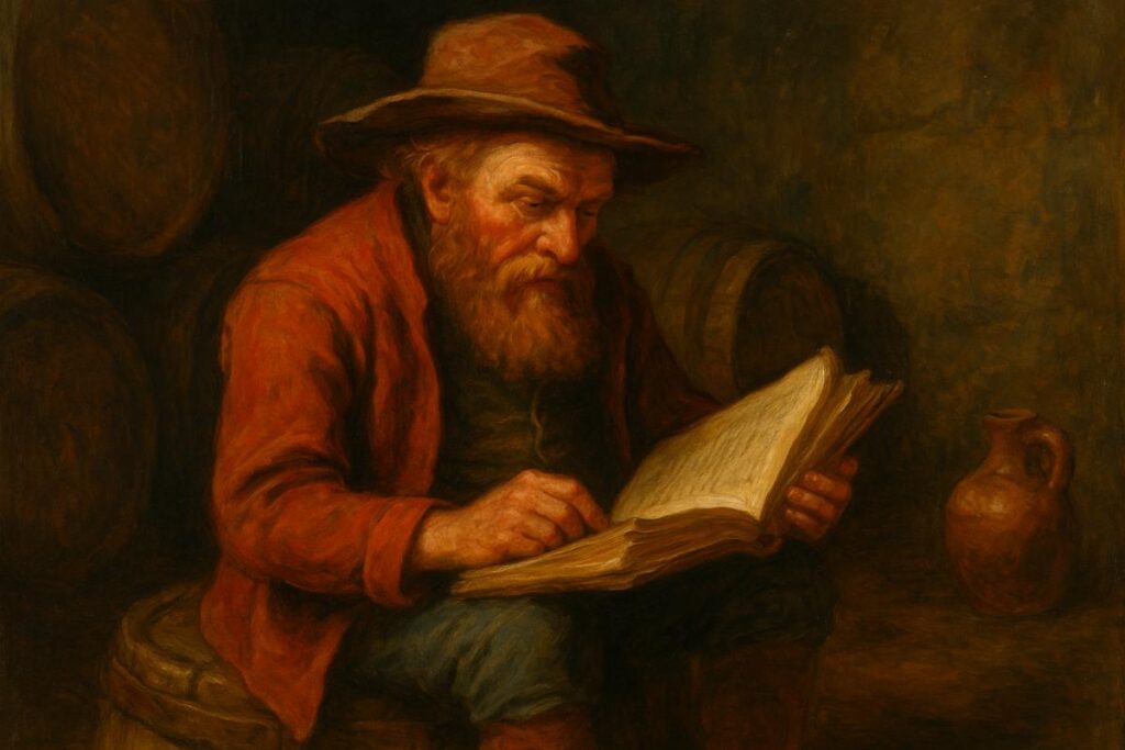 Illustration of a red-coated Clurichaun reading a folklore book in a dark wine cellar surrounded by barrels