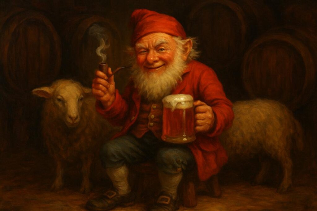 Illustration of a Clurichaun smoking a pipe and holding ale beside a sheep in a dark cellar with barrels