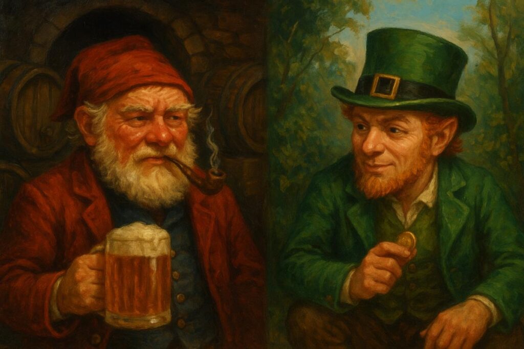 Comparison of Clurichaun and Leprechaun in folklore — one in a wine cellar with ale, the other in a forest holding a gold coin