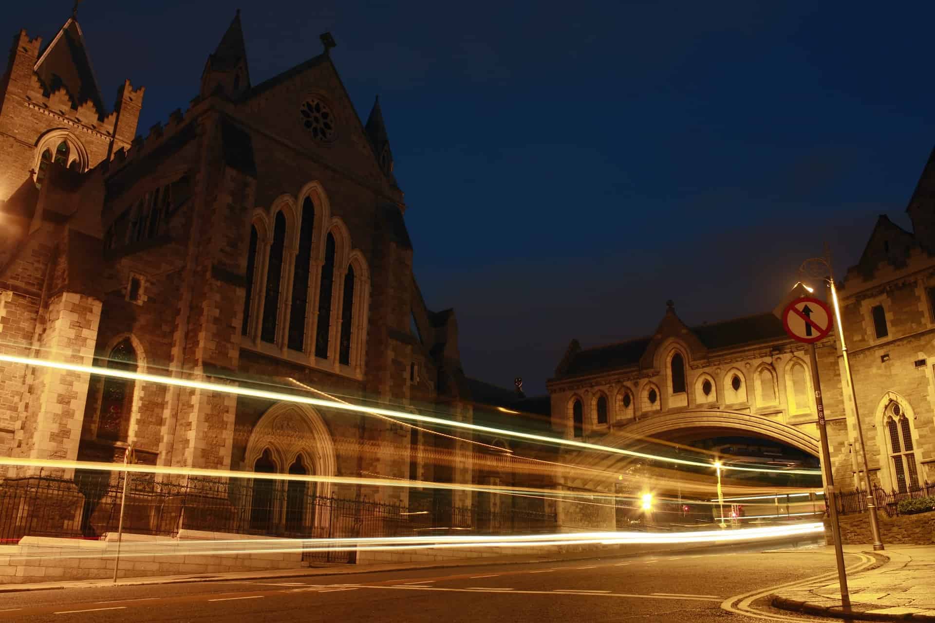 Increase in Irish Tourism Jobs (Dublin Cathedral with Traffic at night)
