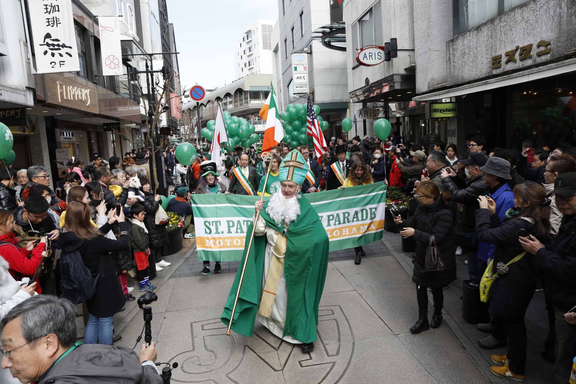 A man dressed as St. Patrick leads the parade in Japan
