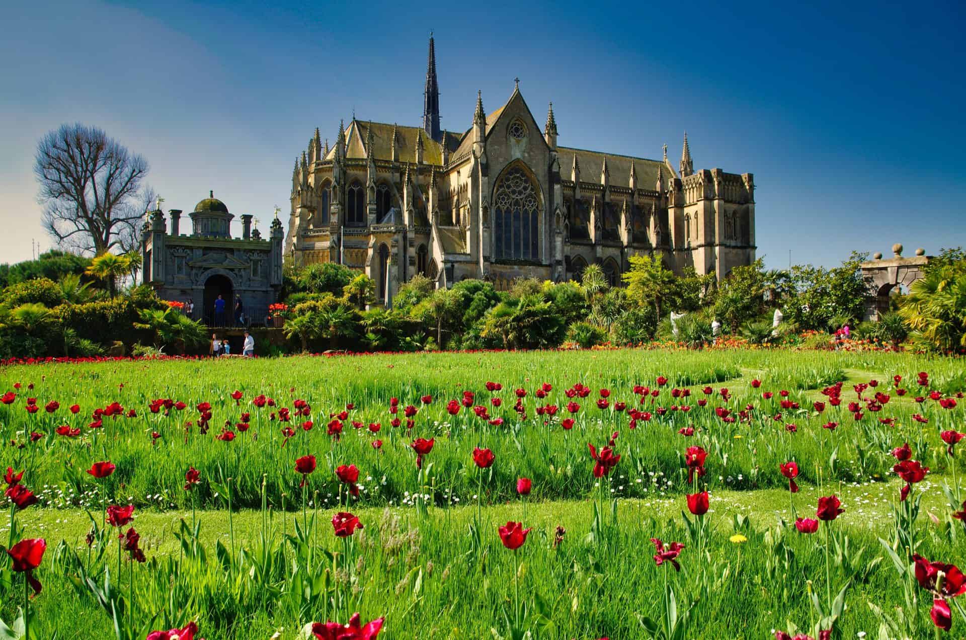 A stunning UK castle with a flower garden