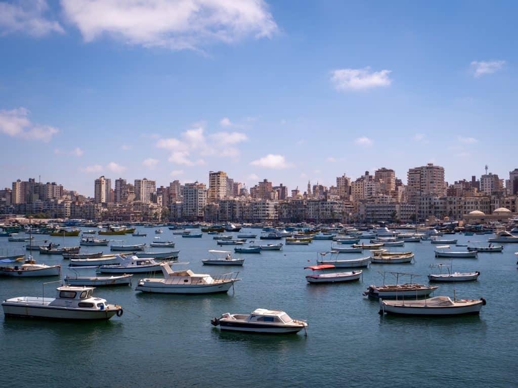 A view of the harbour with the skyline of Alexandia, Egypt