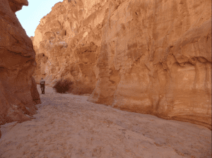A man walks between two white canyon walls in Dahab.