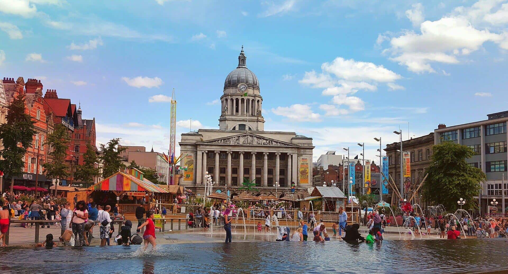 The center of Nottingham is market by the Town Hall and the market around it.