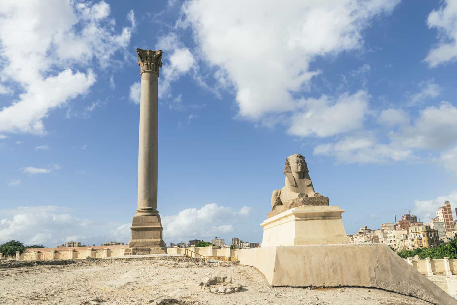 Pompeys Pillar and Serapeum min scaled The city of Alexandria, Egypt, has a diverse and long history due to the mix of cultures that all lived together in harmony on the coast of the Mediterranean. 
