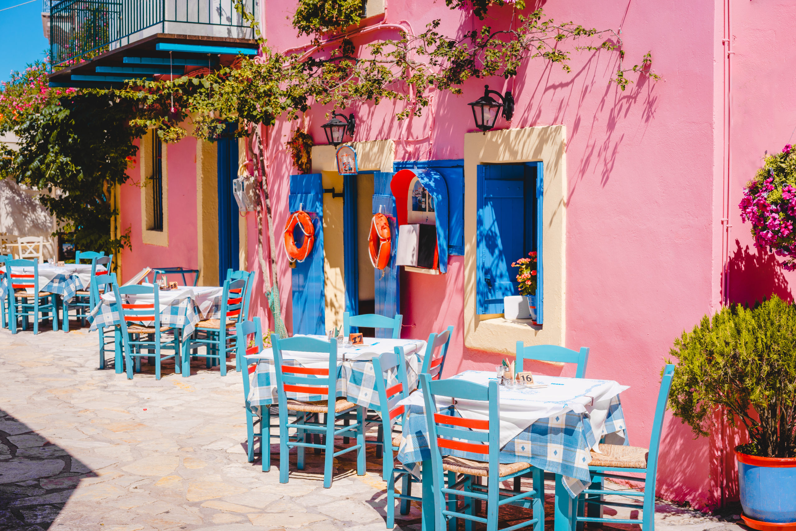 greek vivid lilac colored tavern, Greece
