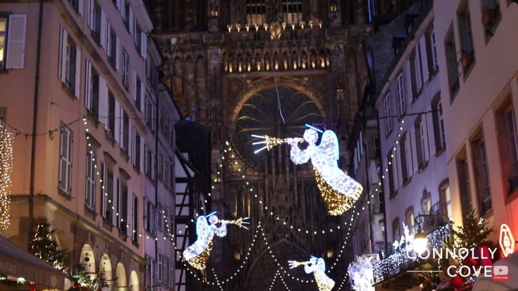Christmas decorations in front of Notre-dame de Strasbourg