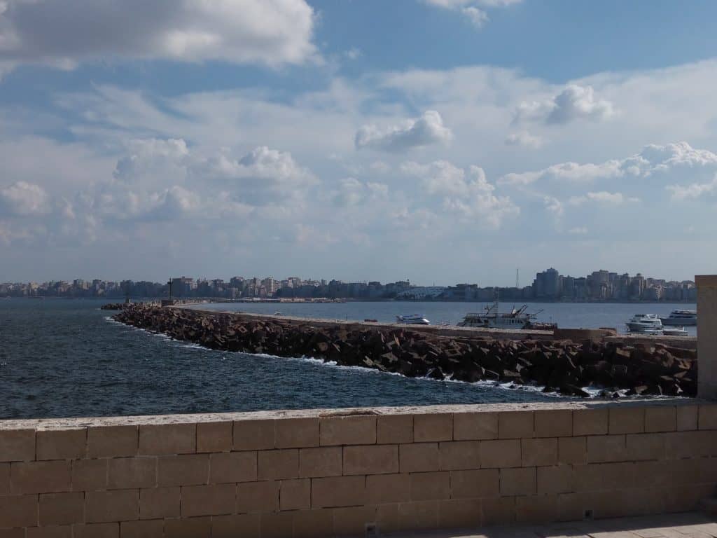 View outside the north wall with Bibliotheca Alexandrina in the horizon