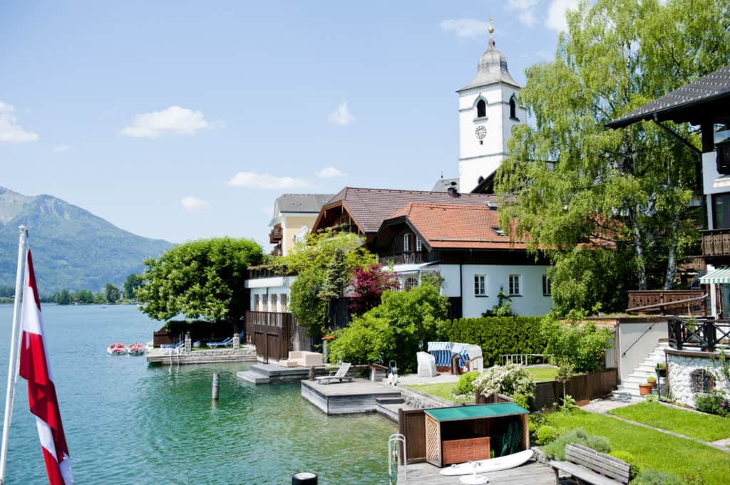 Beautiful summer Alpine town and Alpine lake view in Austria