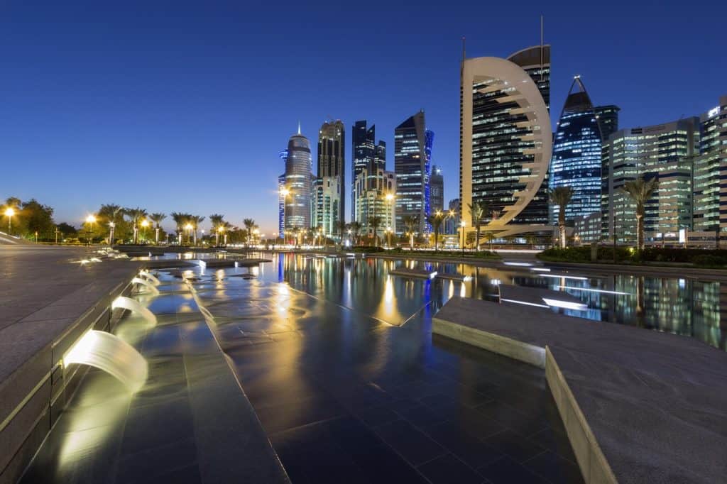 Qatar, Doha, Skyscrapers, Night