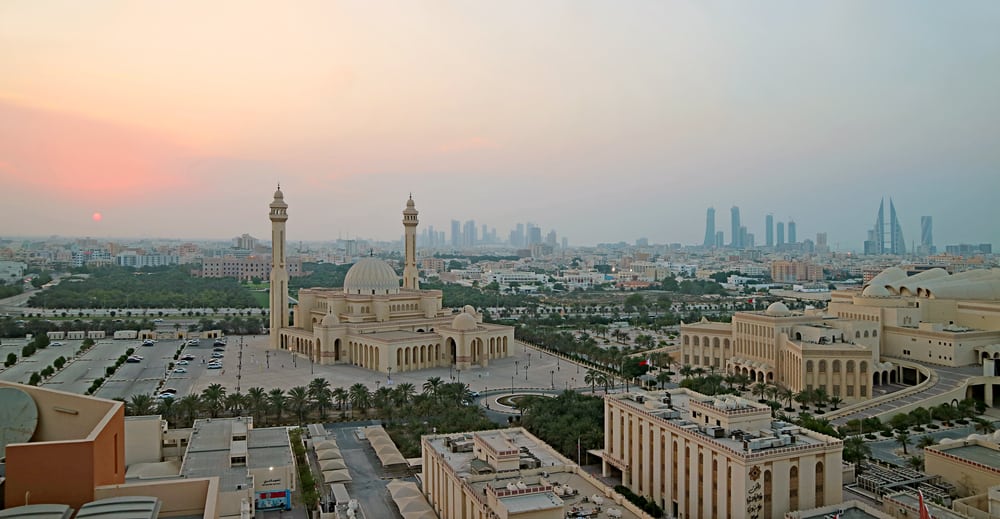 View of Al-Fateh Grand Mosque and the Library of Ahmed Al-Fateh Islamic Center in Manama, Bahrain