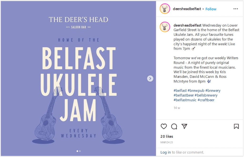 the deers head belfast ukulele jam Experience a bit of Belfast's brewing history as well as a fantastic craft pint at The Deer's Head, Belfast's first brewpub.