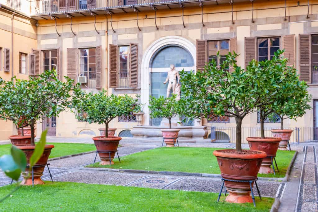 28841214 outer courtyard of the medici riccardi palace which has an italian garden with statues and tubs with plants One of the most visited cities in Italy, Florence is famous for its history as it was once a centre of medieval European trade and finance and one of the wealthiest cities at the time. It is also considered the birthplace of the Renaissance movement, and has been called 