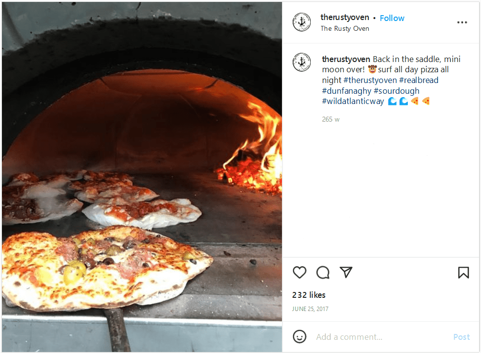 The Rusty Oven instagram post showing pizza oven. 