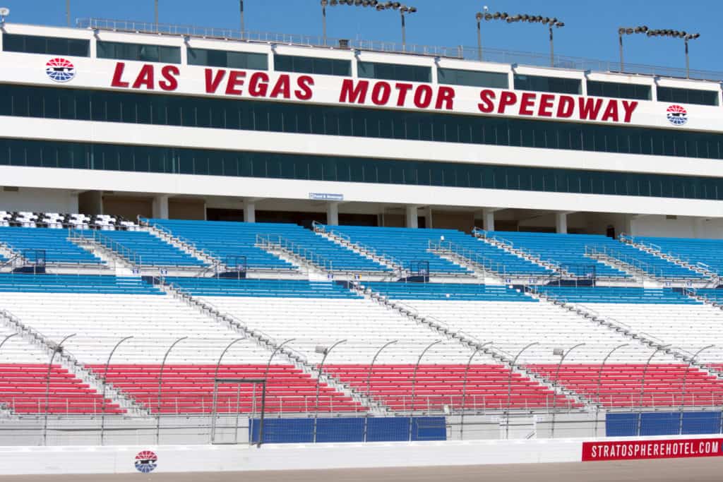 5010282 las vegas speedway grandstands Las Vegas is located in the state of Nevada in the United States of America. It borders Utah on the east, Arizona on the southeast, and California on the west. The city is located at an altitude of 613 metres above sea level. It is considered the only city in the country's west founded in the 20th century.