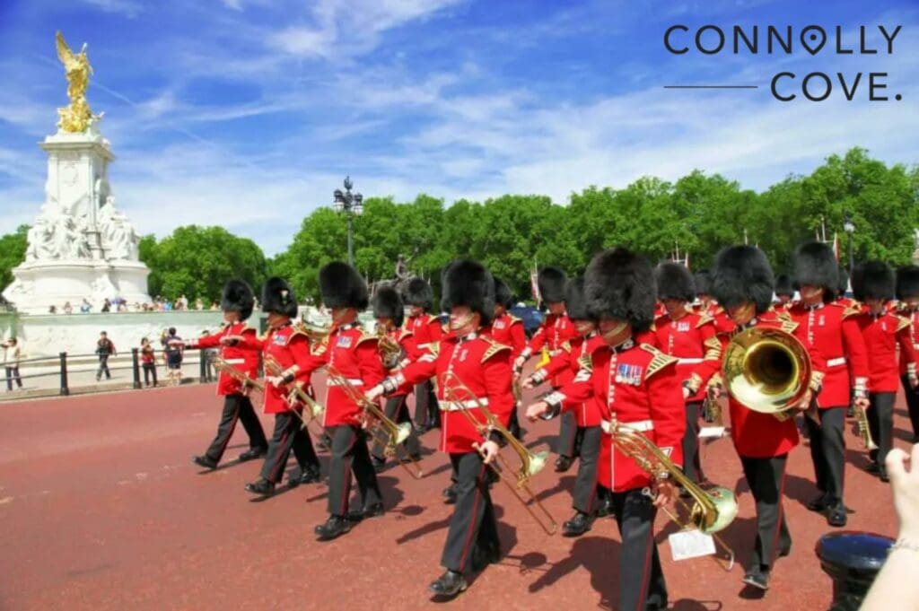 British Royal Guards perform the Changing of the Guard at Buckingham Palace