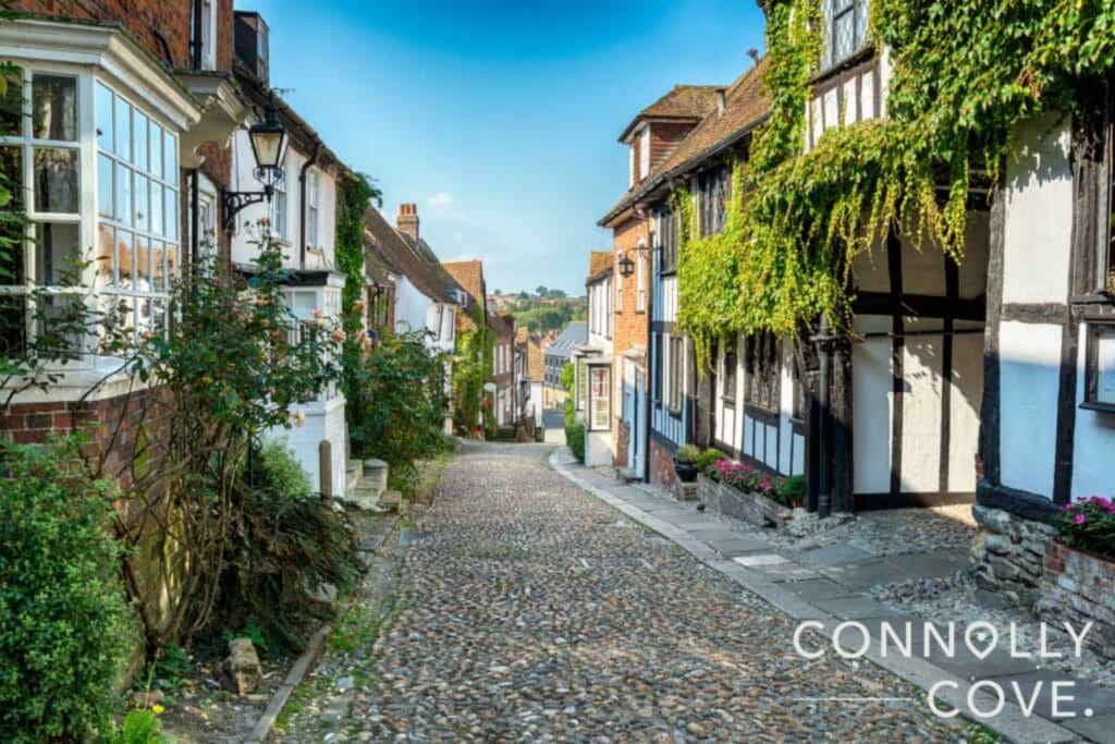 Beautiful old half-timbered Tudor-style houses on a cobbled street in Rye, East Sussex