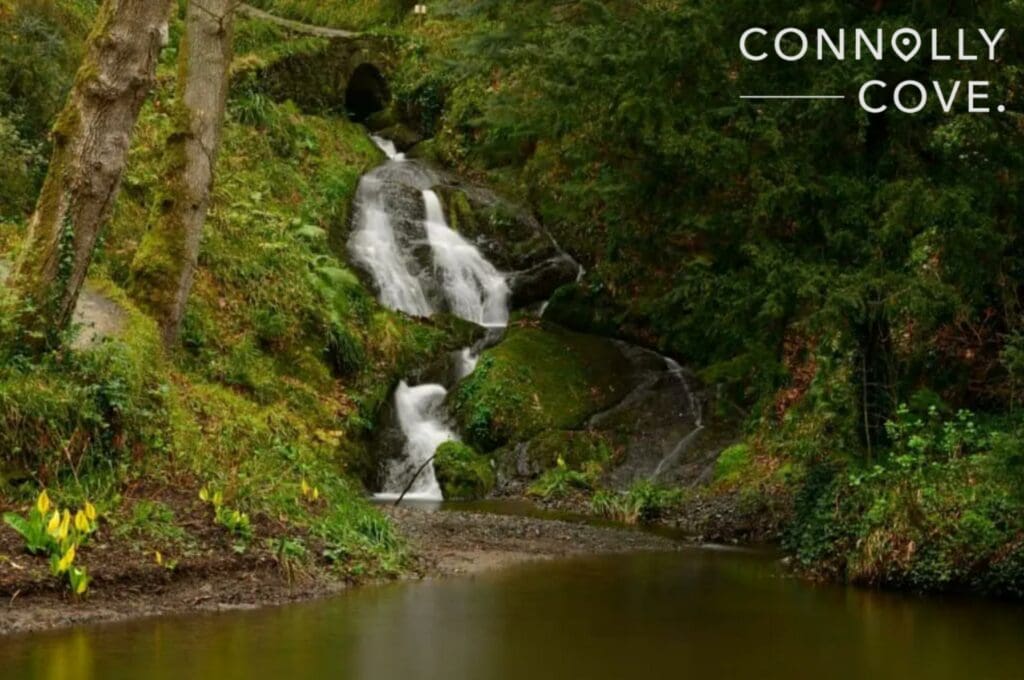 A waterfall in the woods at Bodnant Garden in Conwy, North Wales