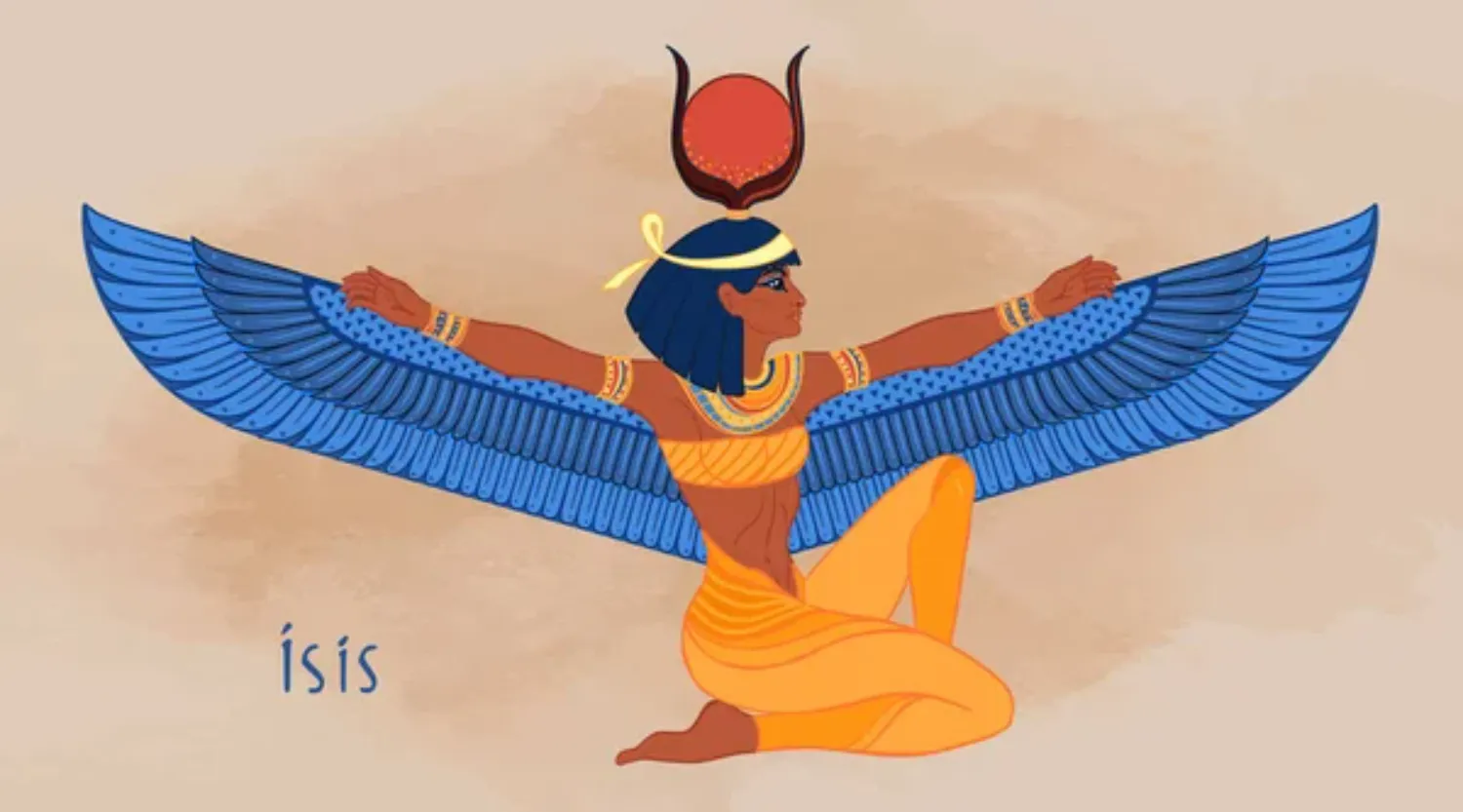 A 2D image of Isis with blue wings and the disc with horns.