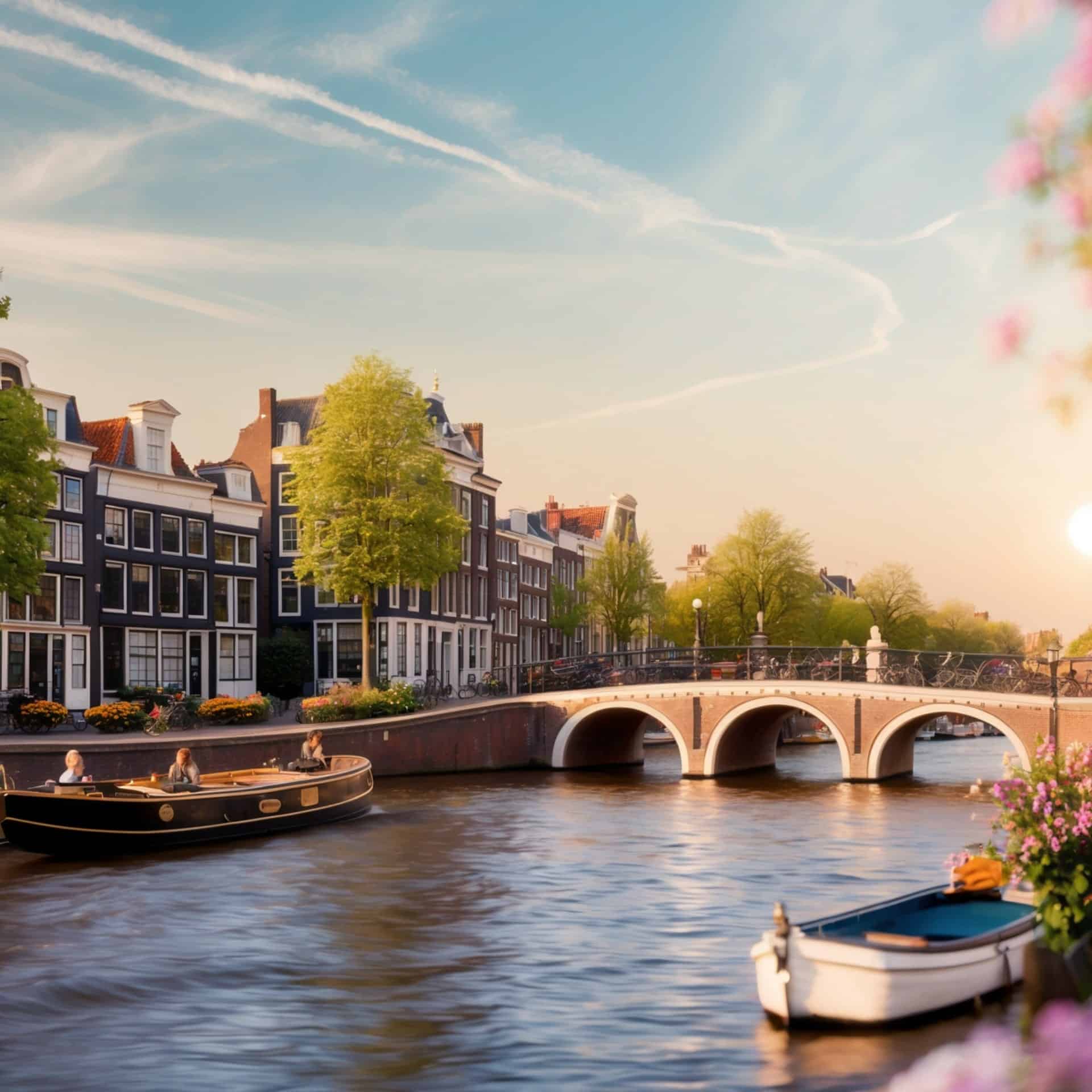 Taylor Swift Eras Tour Europe - Amsterdam's picturesque canal ring, showcasing the city's unique blend of cultural life and transportation, with historic buildings lining the waterways where people gather and boats navigate