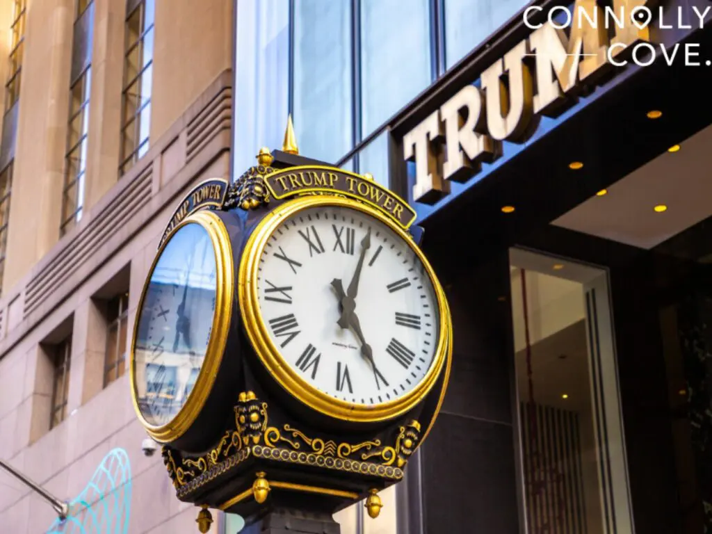Street clock and Trump Tower building in New York City, NY, USA