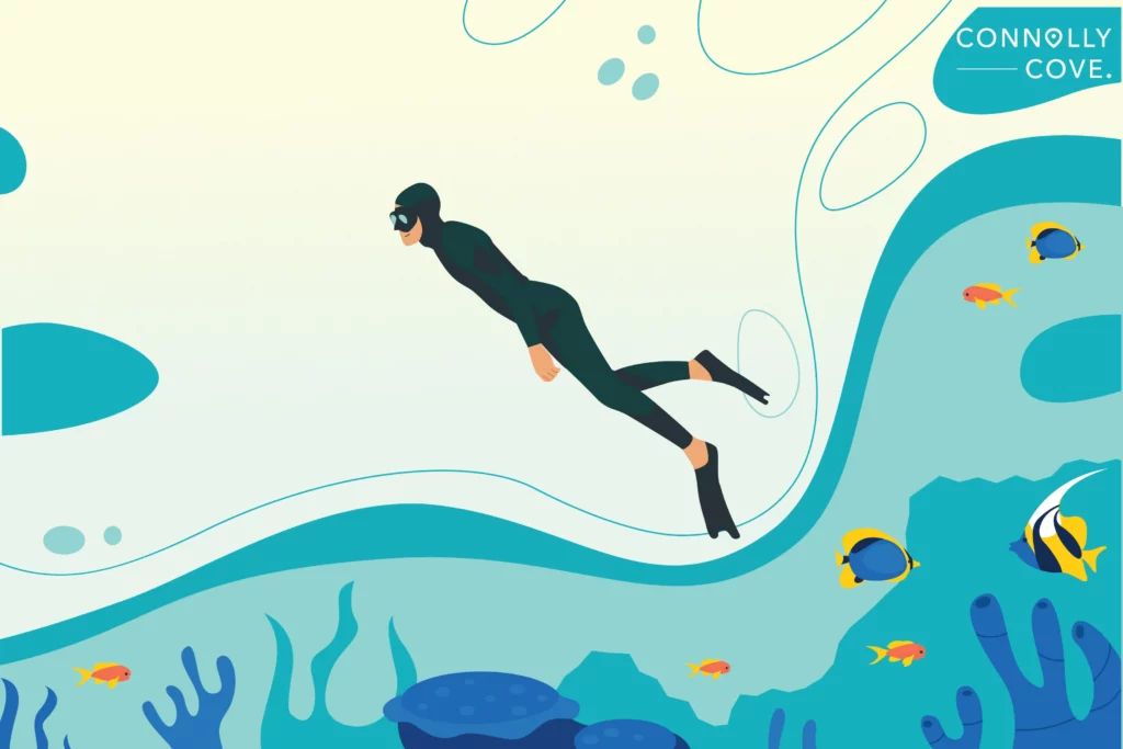 A person scuba diving in the ocean illustration