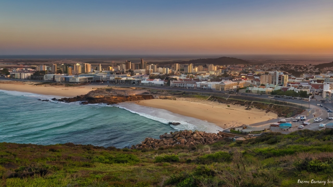 Port Elizabeth South Africa A coastal cityscape at sunset in Port Elizabeth with a sandy beach, ocean waves, and modern buildings in the background, viewed from a nearby hillside.