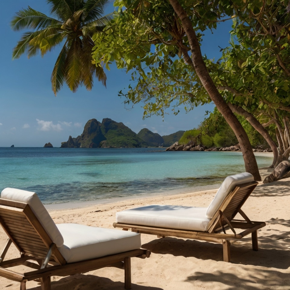 luxury travel destinations

Two wooden lounge chairs with white cushions sit on a sandy tropical beach, facing calm turquoise water and distant islands under a clear blue sky—an idyllic scene perfect for those seeking luxury travel destinations.