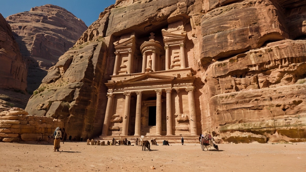 the rose city Petra Large stone structure with columns carved into a sandstone cliff in Petra's rose city, surrounded by rocky terrain and a few camels and people in front.