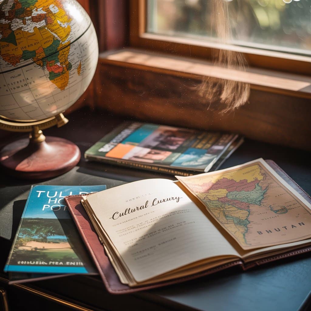 luxury travel destinations

A globe, travel books, and an open journal displaying a map of Bhutan and a page titled "Cultural Luxury" are arranged on a wooden desk by a sunlit window, inspiring dreams of luxury travel destinations.