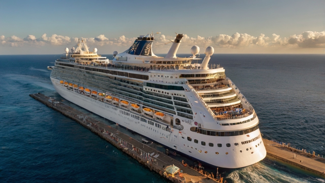 cruise vacations A large white cruise ship from leading cruise lines is docked at a pier, with the ocean and cloudy sky in the background during sunset—a perfect scene for a memorable cruise vacation.