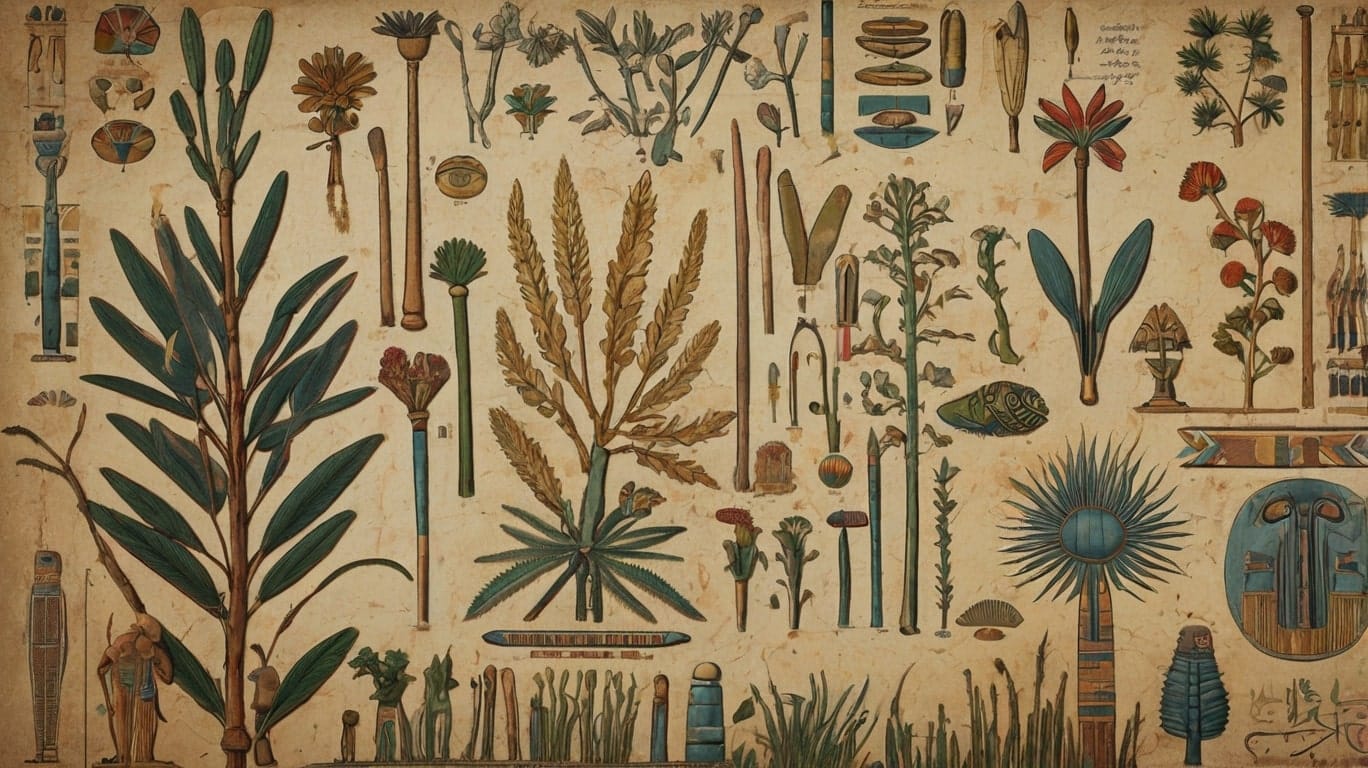 Illustration of various Ancient Egyptian flora, including plants and flowers, tools, and symbols arranged systematically on a papyrus-colored background.