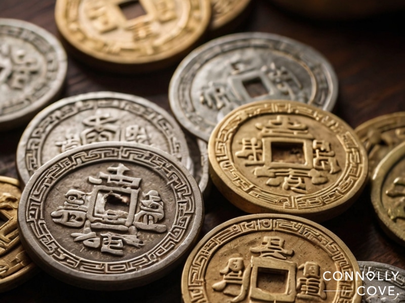 Several antique Chinese coins with square holes in the center, featuring intricate Chinese characters and designs, showcase the rich heritage of ancient Chinese currency scattered on a surface.