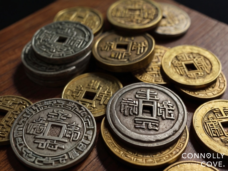 A close-up of various ancient Chinese coins with square holes in the center, showcasing ancient Chinese currency arranged on a wooden surface. The logo "Connolly Cove" is visible in the bottom right corner.