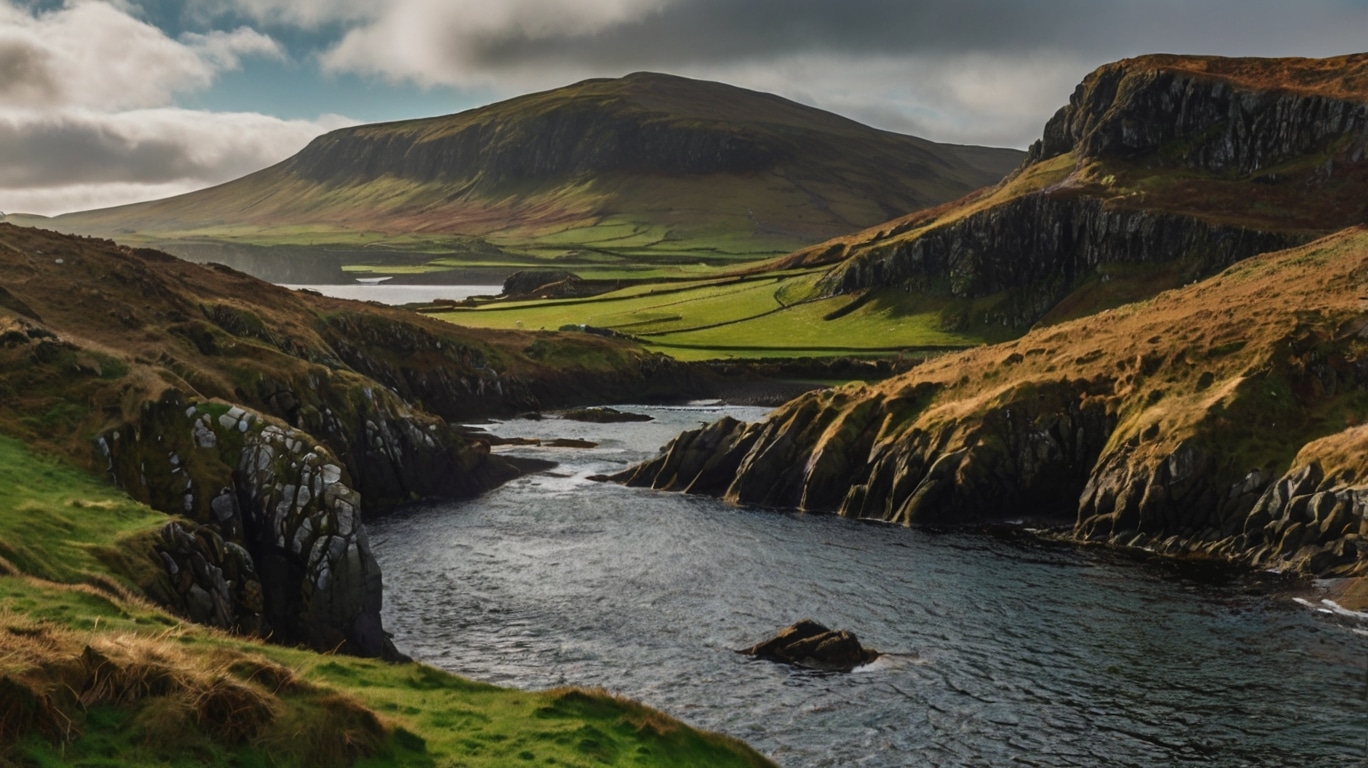 Rocky hills and cliffs with patches of green grass surround a calm river, with a large, grassy mountain in the background under a cloudy sky, capturing the rugged beauty of Ireland's landscape.