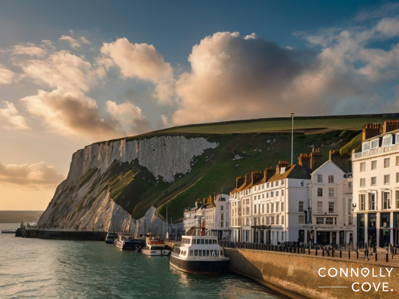 london to dover
White Cliffs and green hills rise behind a row of waterfront buildings and docked boats at sunset, under a partly cloudy sky—a perfect scene from a London to Dover adventure. Text in the bottom right corner reads “Connolly Cove.”.