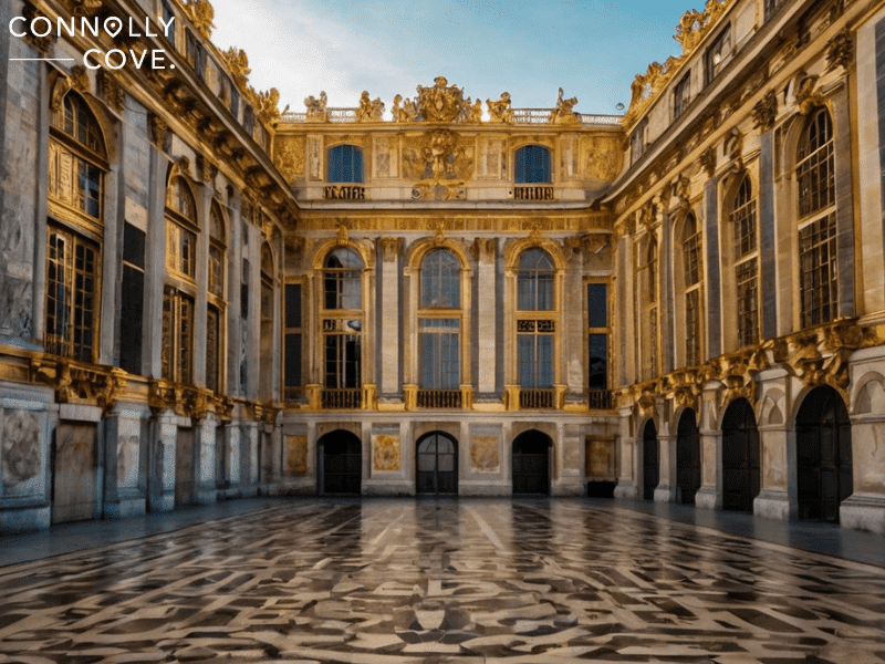 Palace of Versailles

Symmetrical courtyard of the grand Palace of Versailles, with ornate gold details, arched windows, and patterned stone flooring glistening under a blue sky.