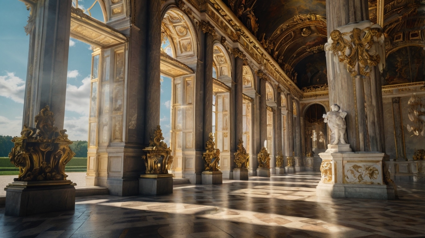 A grand hall in the Palace of Versailles with tall arched windows, ornate gold decorations, marble statues, and patterned floors, elegantly illuminated by sunlight.