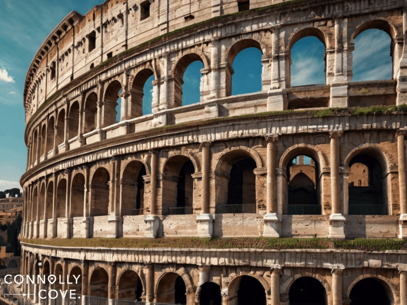 The image shows a close-up view of the exterior arches and upper levels of the Colosseum, an iconic symbol of ancient Rome, under a partly cloudy sky.