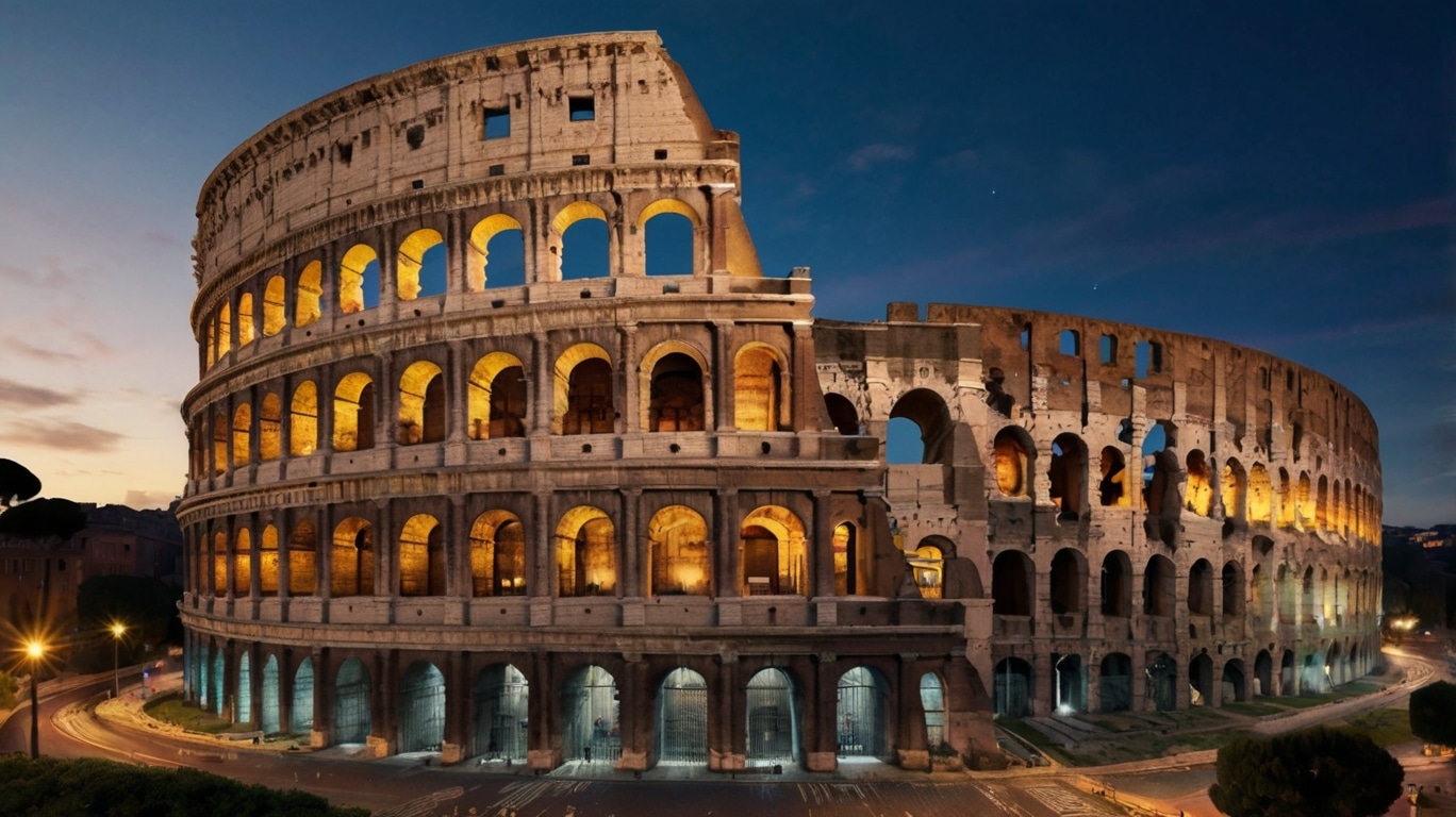 The Roman Colosseum illuminated at dusk, showcasing its ancient Rome stone arches and partial ruins against a darkening sky.