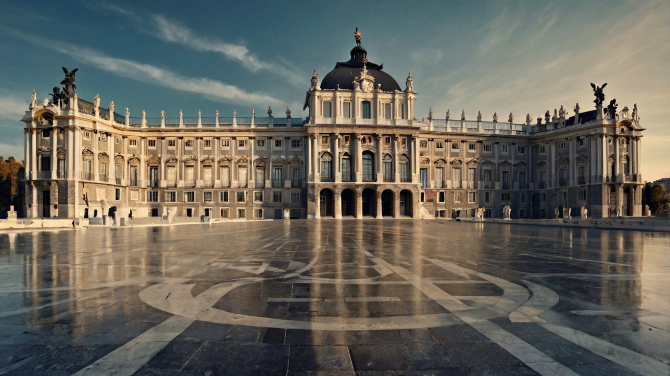 A grand, symmetrical palace inspired by the Royal Palace of Madrid, with ornate architectural details and a large domed roof, faces an expansive, empty stone courtyard.
