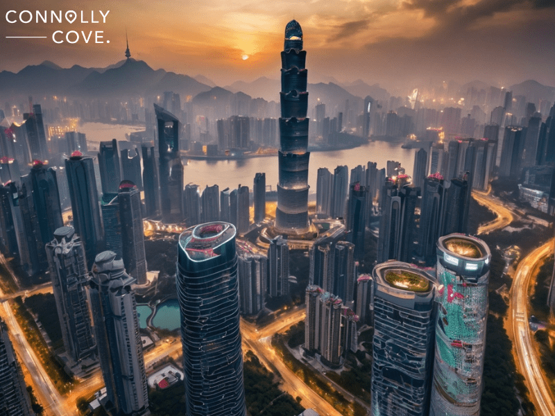 Shenzhen
Aerial view of Shenzhen at sunset, featuring tall skyscrapers, winding roads, and a river with mountains in the background.